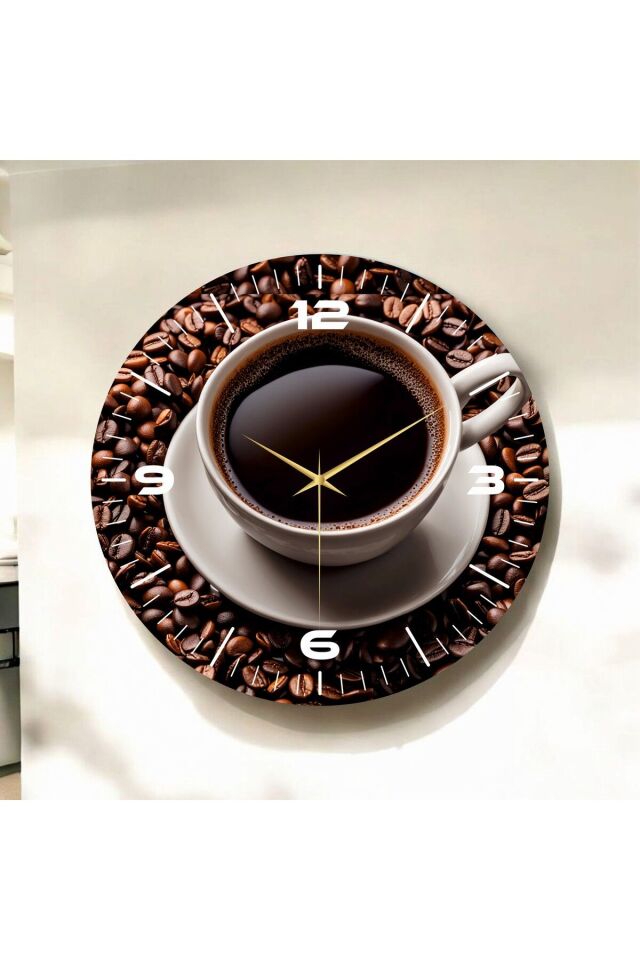 Renkli Baskı Kahve Desenli Sayılı Hediyelik Ahşap Sessiz Duvar Saati 50cm