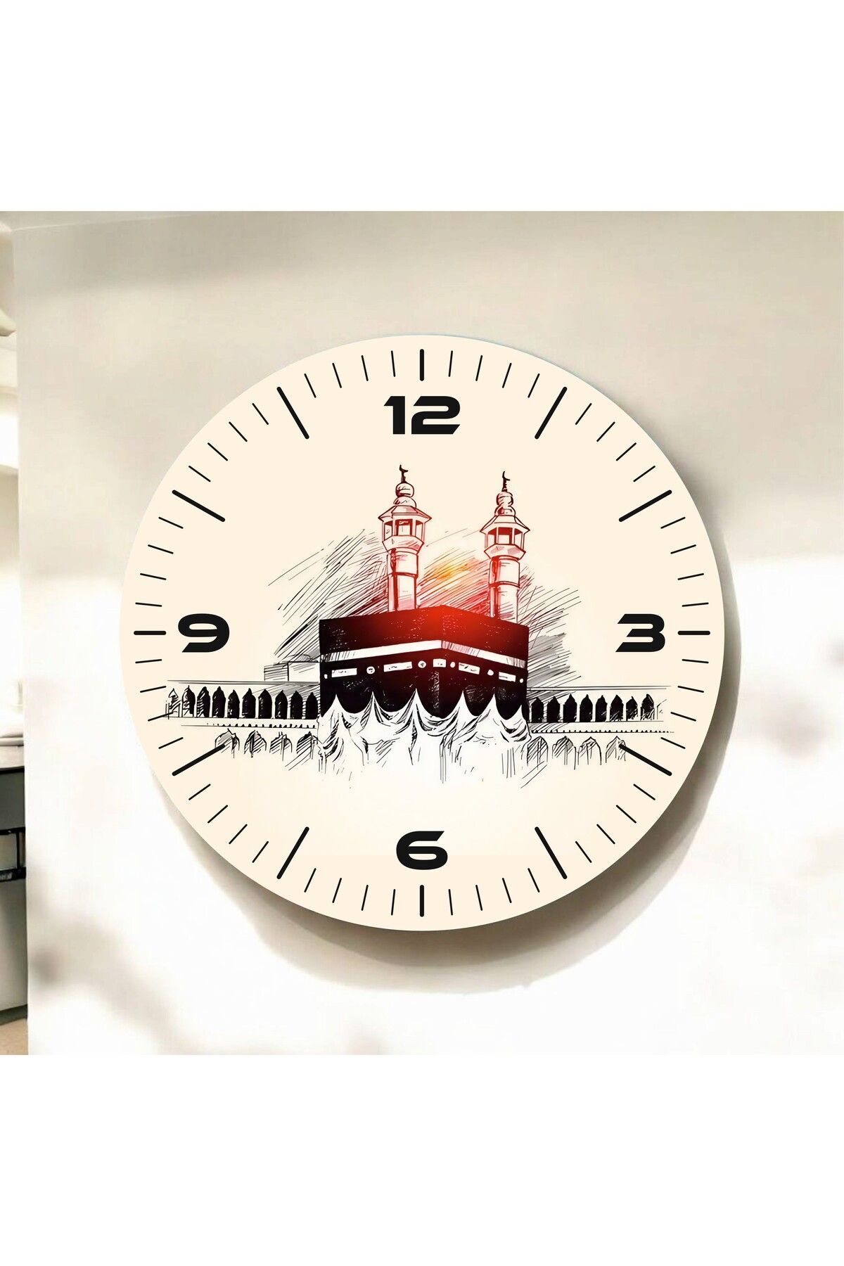 Renkli Baskı Kabe Dini Desenli Sayılı Hediyelik Ahşap Sessiz Duvar Saati 50cm