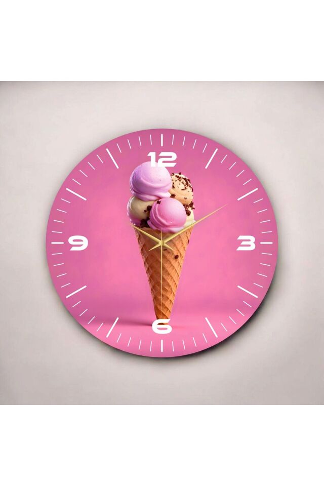 Pembe Renkli Baskı Dondurma Desenli Sayılı Hediyelik Ahşap Sessiz Duvar Saati 50cm