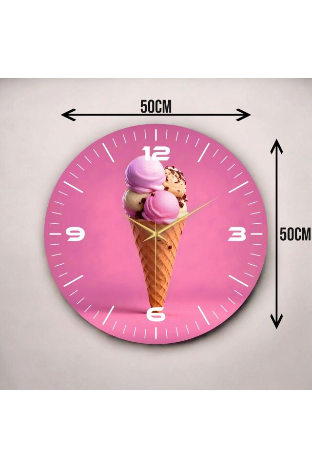 Pembe Renkli Baskı Dondurma Desenli Sayılı Hediyelik Ahşap Sessiz Duvar Saati 50cm