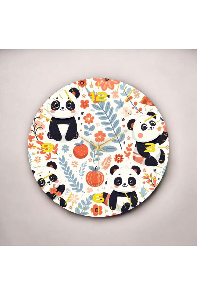 Renkli Baskı Panda Desenli Sayılı Hediyelik Ahşap Sessiz Duvar Saati 50cm