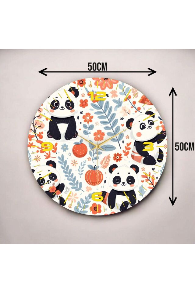 Renkli Baskı Panda Desenli Sayılı Hediyelik Ahşap Sessiz Duvar Saati 50cm