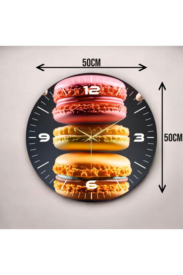 Renkli Baskı Makaron Desenli Sayılı Hediyelik Ahşap Sessiz Duvar Saati 50cm