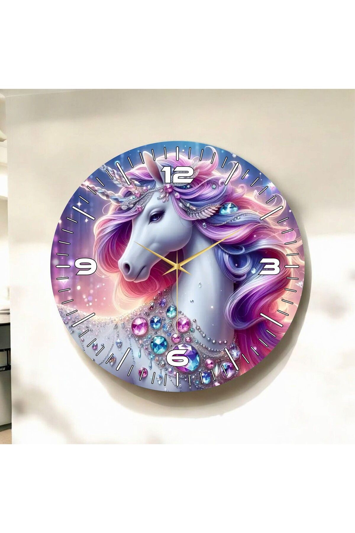 Renkli Baskı At Çocuk Desenli Sayılı Hediyelik Ahşap Sessiz Duvar Saati 50cm