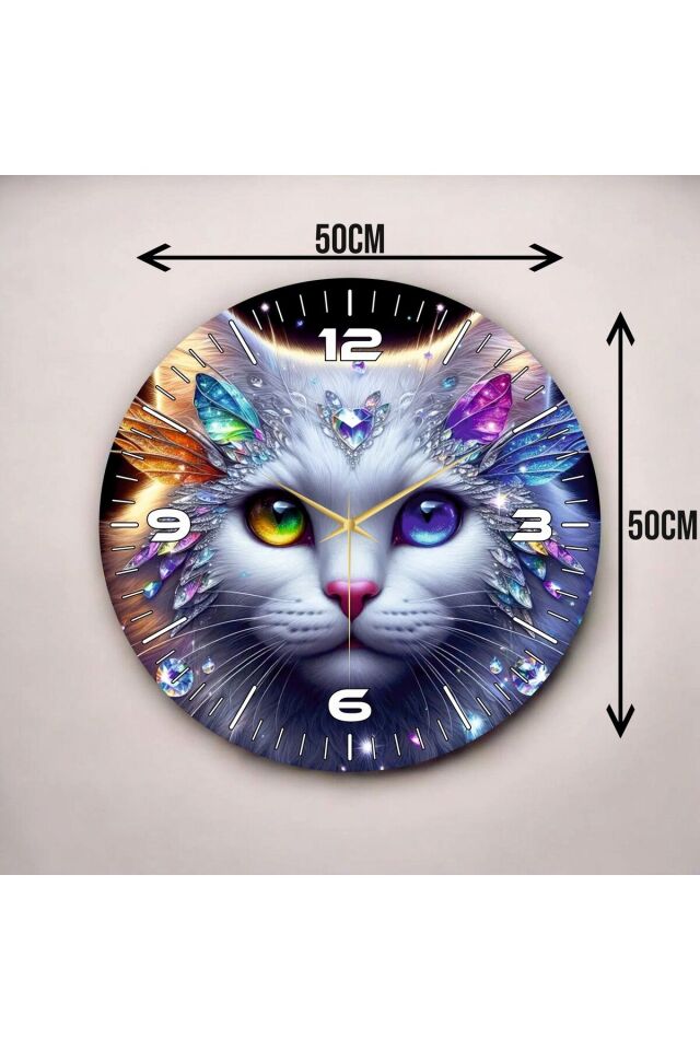 Renkli Baskı Kedi Çocuk Desenli Sayılı Hediyelik Ahşap Sessiz Duvar Saati 50cm