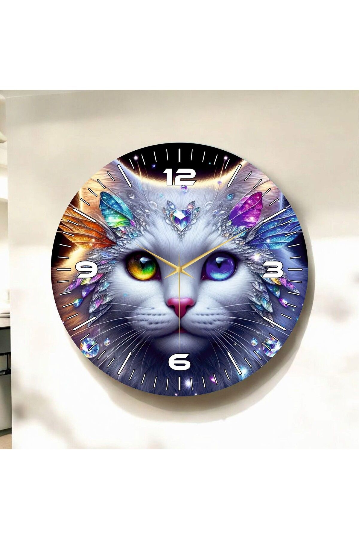 Renkli Baskı Kedi Çocuk Desenli Sayılı Hediyelik Ahşap Sessiz Duvar Saati 50cm