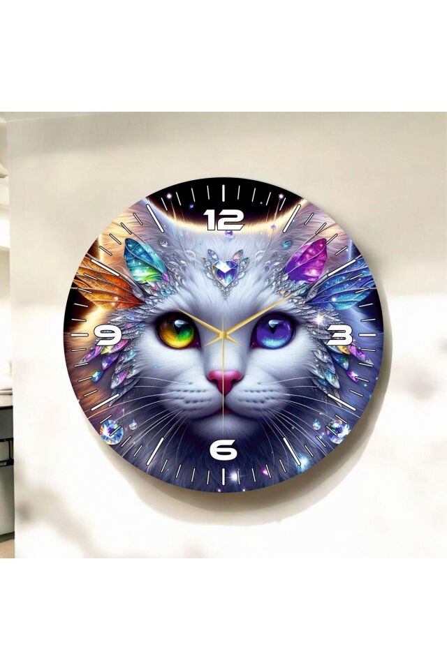 Renkli Baskı Kedi Çocuk Desenli Sayılı Hediyelik Ahşap Sessiz Duvar Saati 50cm