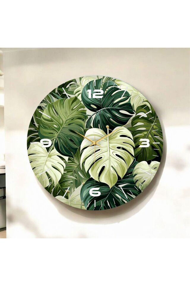 Renkli Baskı Yaprak Bitki Desenli Sayılı Hediyelik Ahşap Sessiz Duvar Saati 50cm