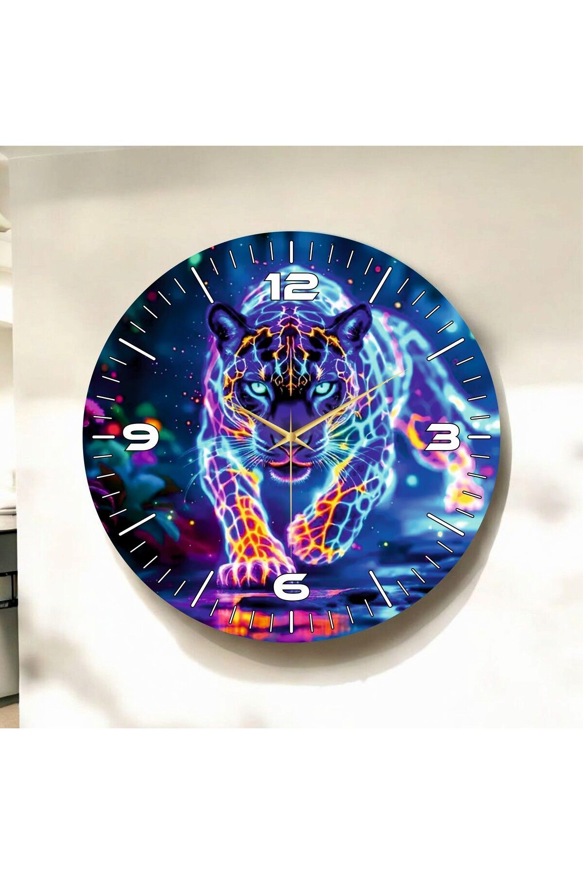 Renkli Baskı Leopar Desenli Sayılı Hediyelik Ahşap Sessiz Duvar Saati 50cm