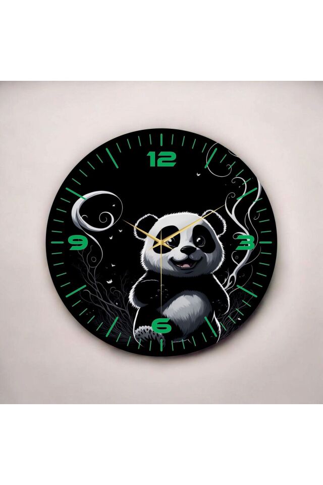 Renkli Baskı Panda Desenli Sayılı Hediyelik Ahşap Sessiz Duvar Saati 50cm