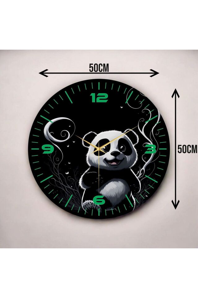 Renkli Baskı Panda Desenli Sayılı Hediyelik Ahşap Sessiz Duvar Saati 50cm