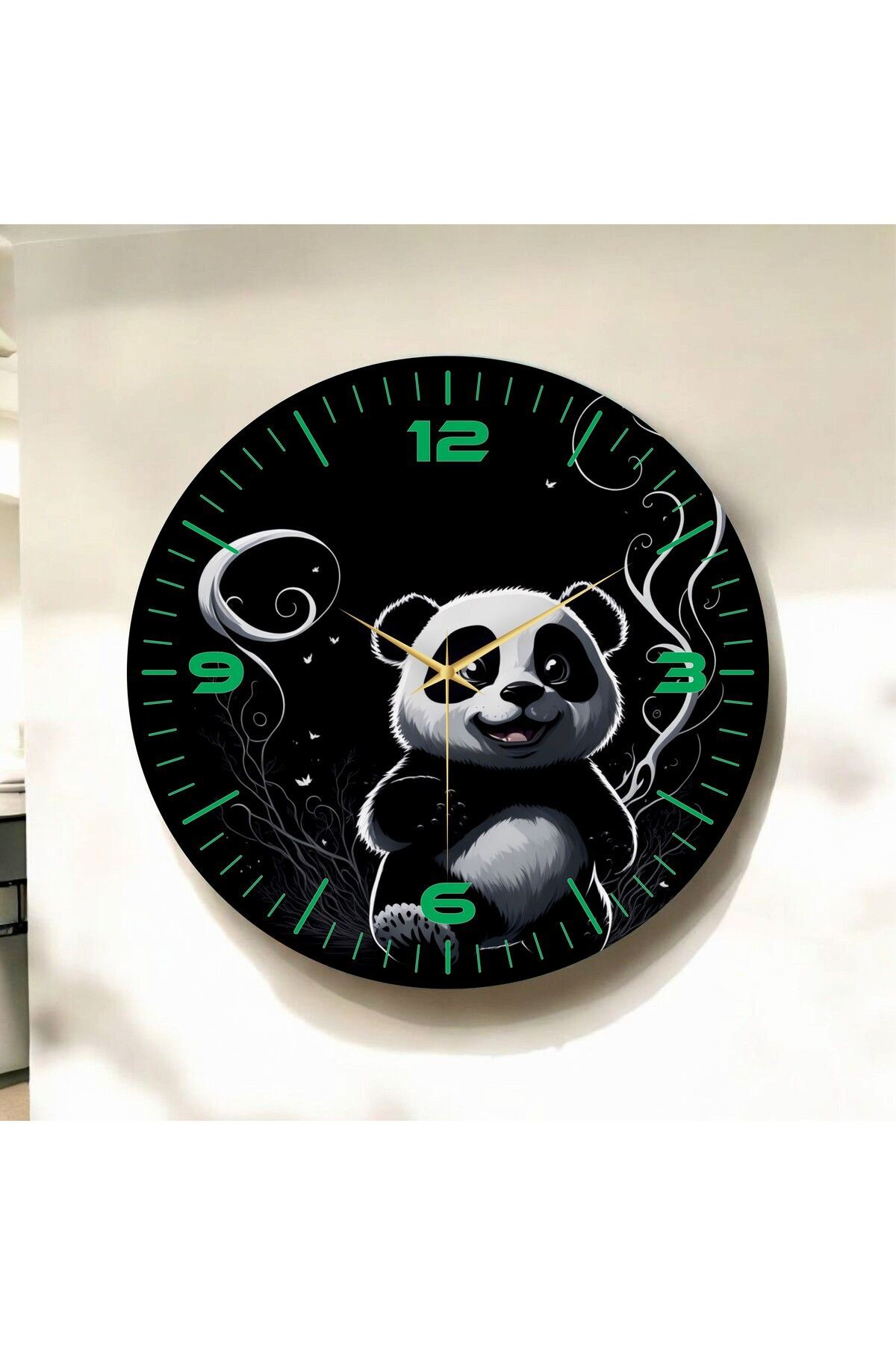 Renkli Baskı Panda Desenli Sayılı Hediyelik Ahşap Sessiz Duvar Saati 50cm