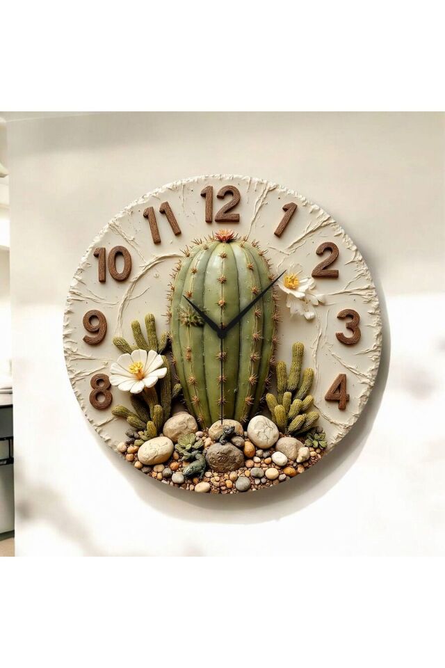 Renkli Baskı Kaktüs Bitki Desenli Sayılı Hediyelik Ahşap Sessiz Duvar Saati 50cm