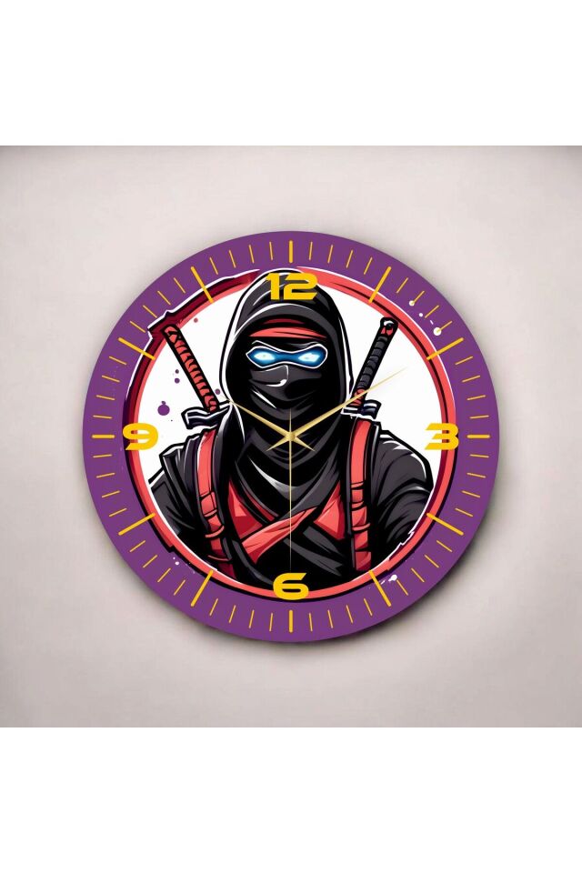Renkli Baskı Gamer Oyuncu Ninja Desenli Sayılı Hediyelik Ahşap Sessiz Duvar Saati 50cm