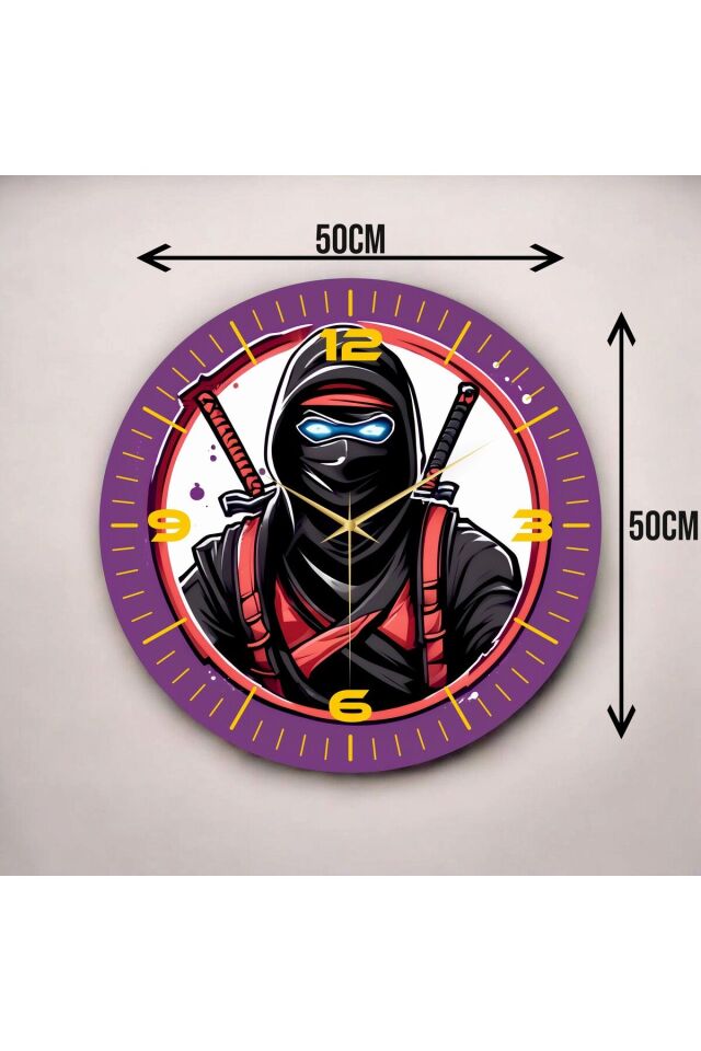Renkli Baskı Gamer Oyuncu Ninja Desenli Sayılı Hediyelik Ahşap Sessiz Duvar Saati 50cm