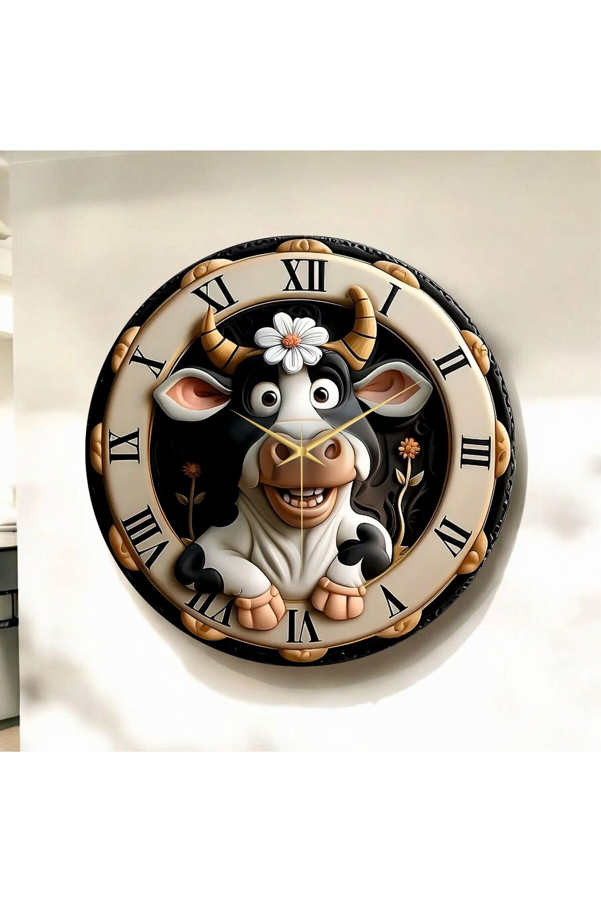 Renkli Baskı İnek Çocuk Desenli Sayılı Hediyelik Ahşap Sessiz Duvar Saati 50cm