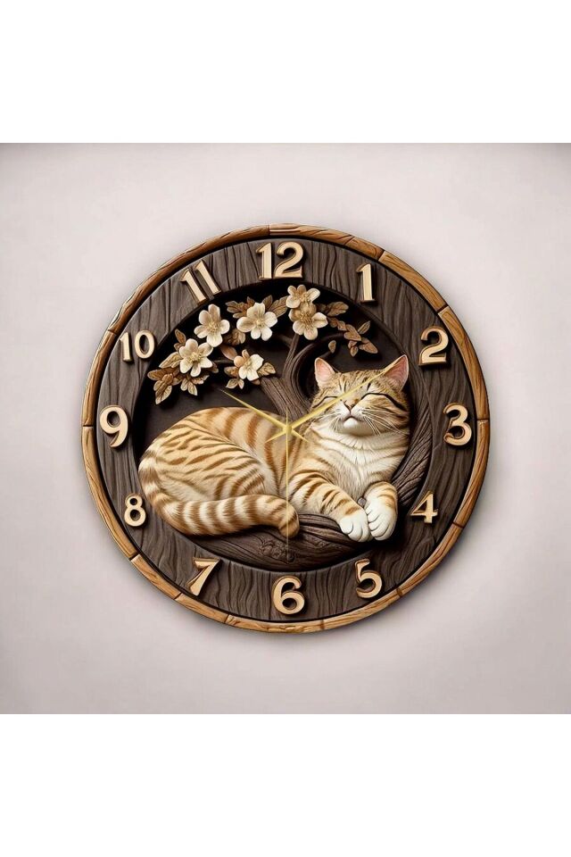 Renkli Baskı Kedi Çocuk Desenli Sayılı Hediyelik Ahşap Sessiz Duvar Saati 50cm