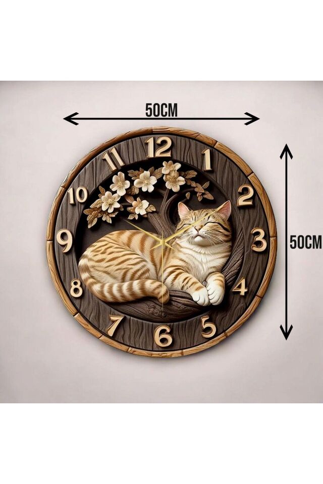 Renkli Baskı Kedi Çocuk Desenli Sayılı Hediyelik Ahşap Sessiz Duvar Saati 50cm