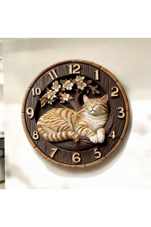 Renkli Baskı Kedi Çocuk Desenli Sayılı Hediyelik Ahşap Sessiz Duvar Saati 50cm