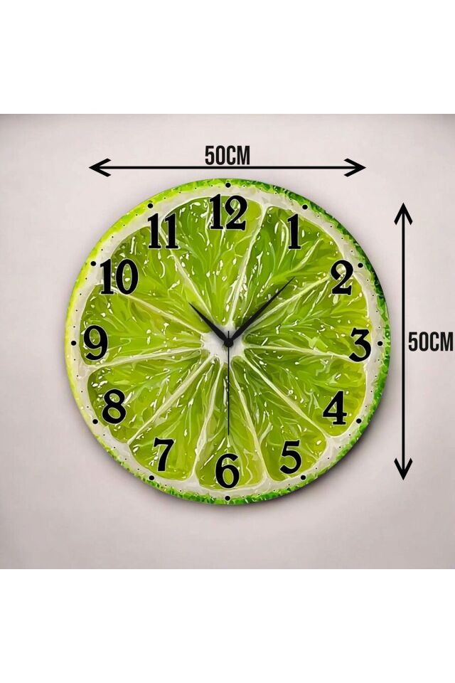 Renkli Baskı Limon Sebze Desenli Sayılı Hediyelik Ahşap Sessiz Duvar Saati 50cm