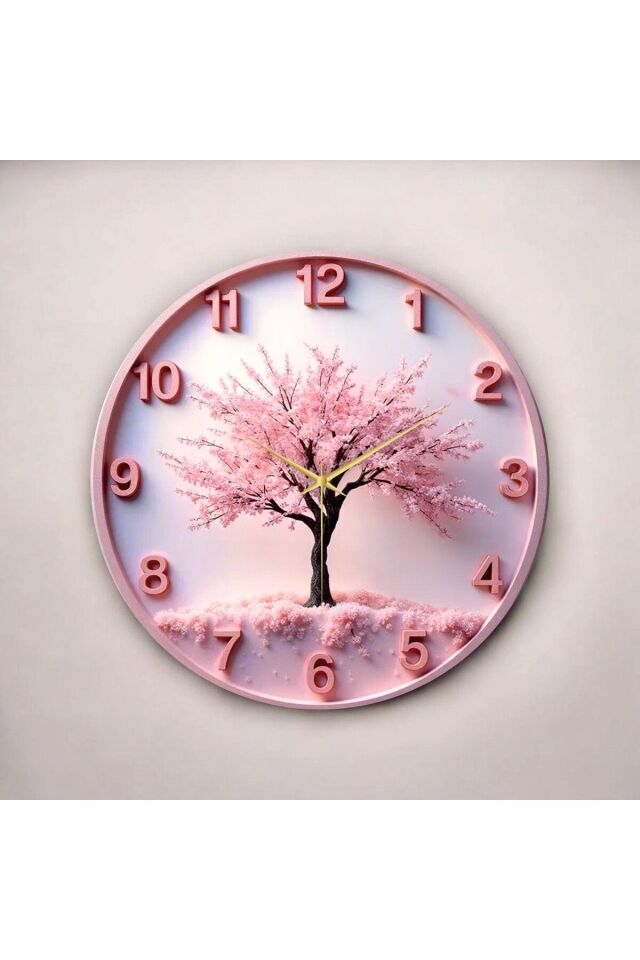 Pembe Renkli Baskı Ağaç Doğa Desenli Sayılı Hediyelik Ahşap Sessiz Duvar Saati 50cm
