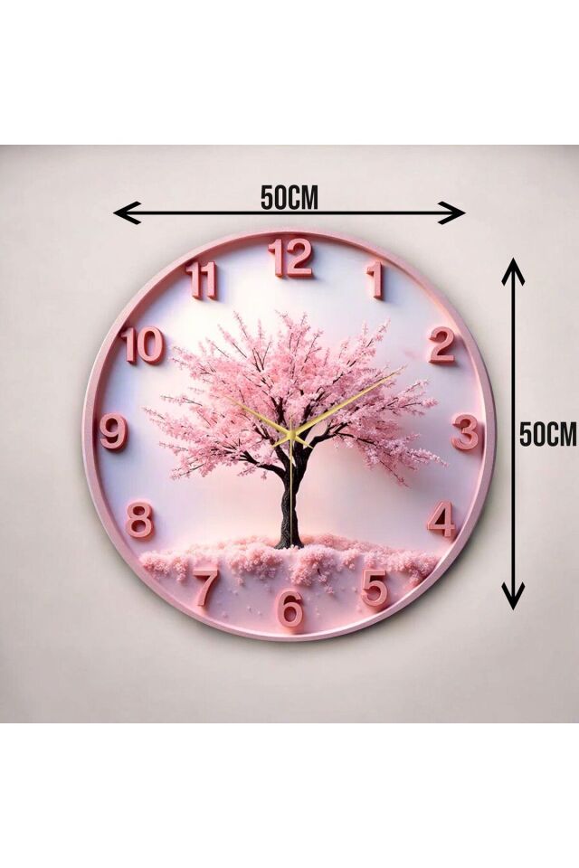 Pembe Renkli Baskı Ağaç Doğa Desenli Sayılı Hediyelik Ahşap Sessiz Duvar Saati 50cm