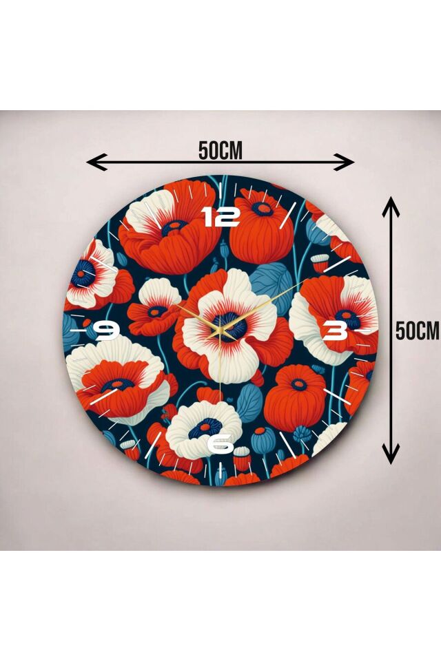 Renkli Baskı Yaprak Çiçek Desenli Sayılı Hediyelik Ahşap Sessiz Duvar Saati 50cm