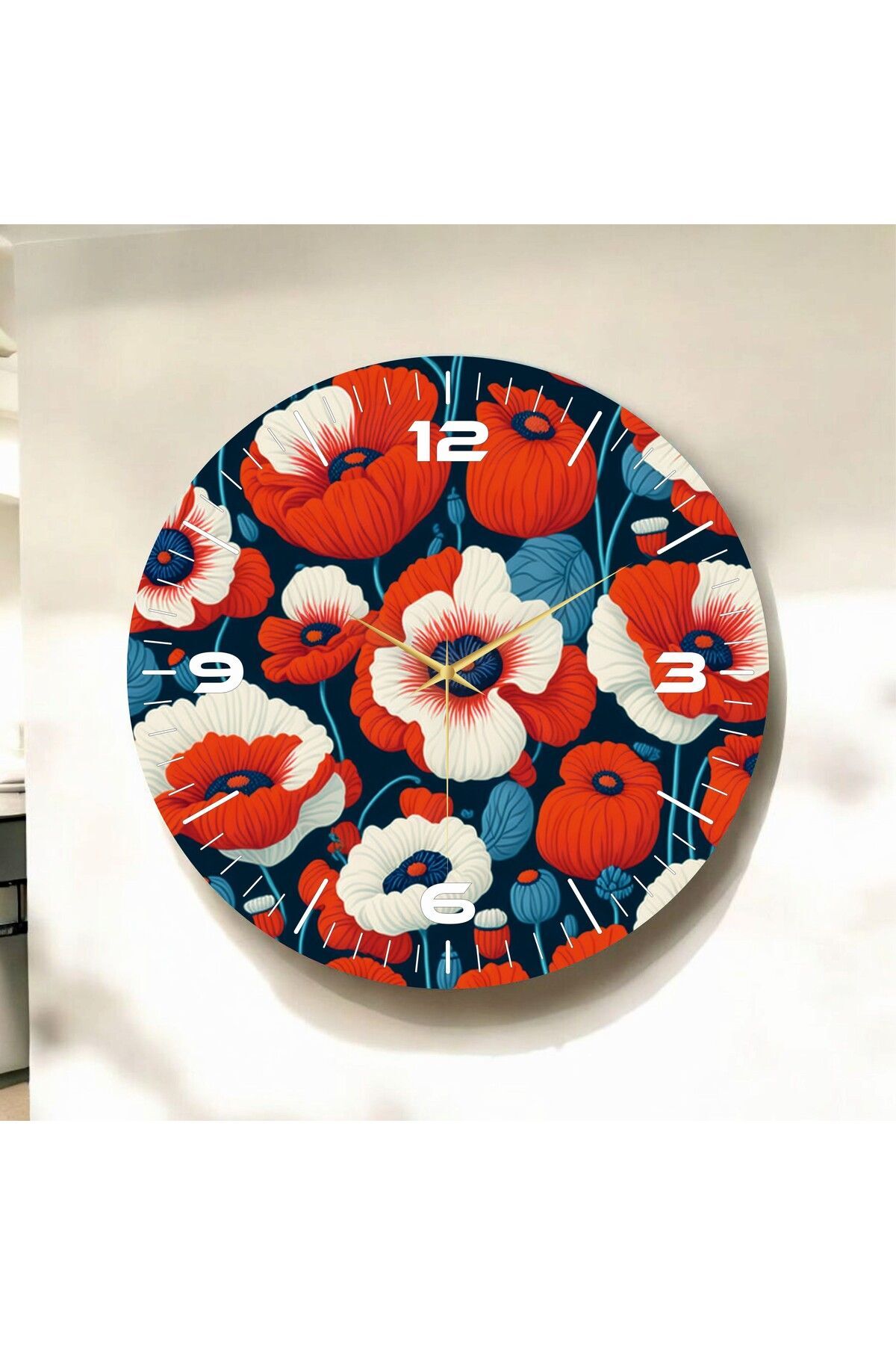 Renkli Baskı Yaprak Çiçek Desenli Sayılı Hediyelik Ahşap Sessiz Duvar Saati 50cm
