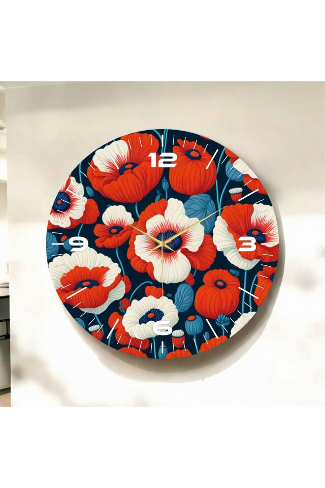 Renkli Baskı Yaprak Çiçek Desenli Sayılı Hediyelik Ahşap Sessiz Duvar Saati 50cm