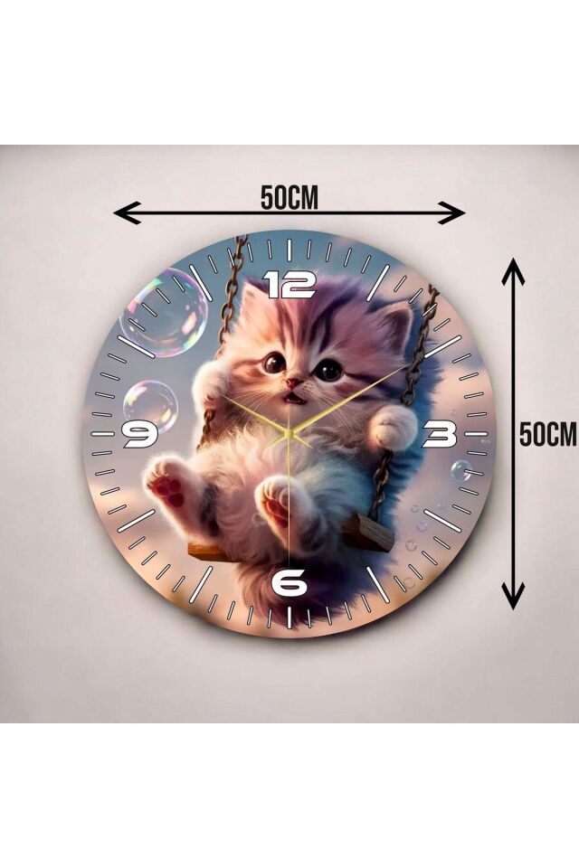 Renkli Baskı Kedi Çocuk Desenli Sayılı Hediyelik Ahşap Sessiz Duvar Saati 50cm