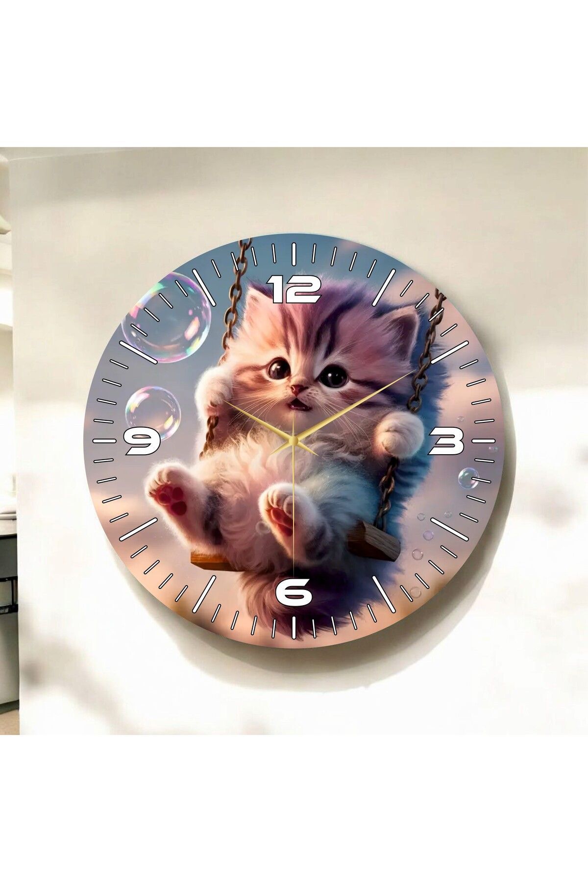 Renkli Baskı Kedi Çocuk Desenli Sayılı Hediyelik Ahşap Sessiz Duvar Saati 50cm