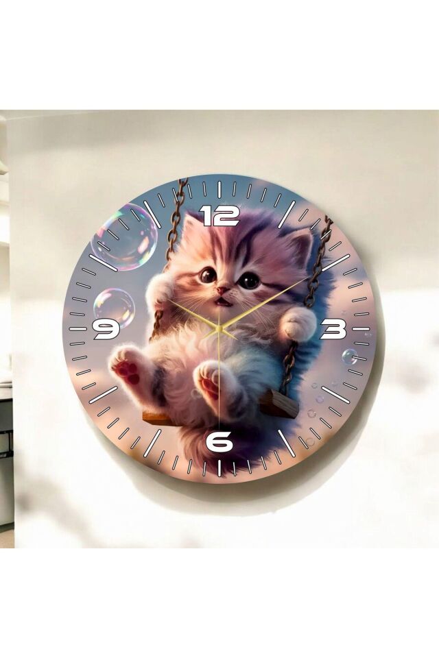 Renkli Baskı Kedi Çocuk Desenli Sayılı Hediyelik Ahşap Sessiz Duvar Saati 50cm