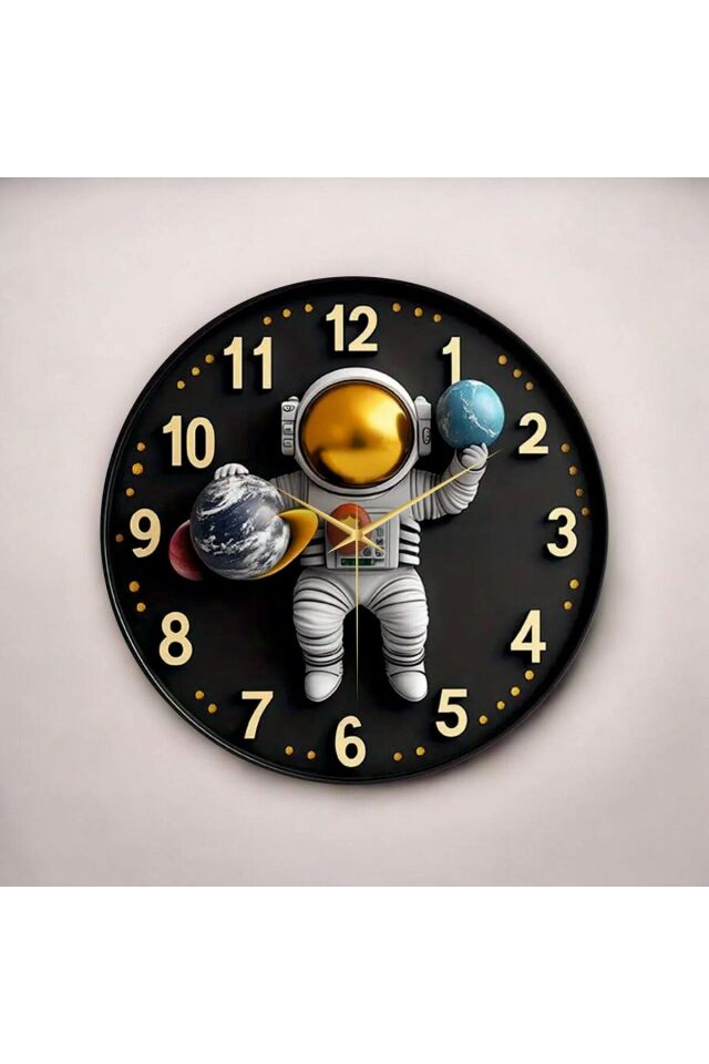 Renkli Baskı Astronot Çocuk Desenli Sayılı Hediyelik Ahşap Sessiz Duvar Saati 50cm