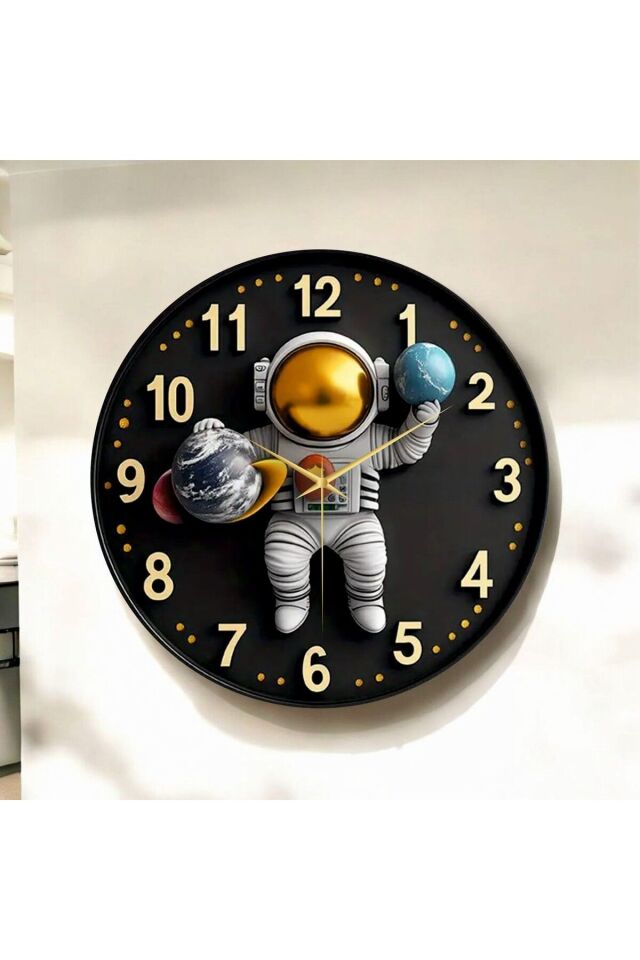 Renkli Baskı Astronot Çocuk Desenli Sayılı Hediyelik Ahşap Sessiz Duvar Saati 50cm