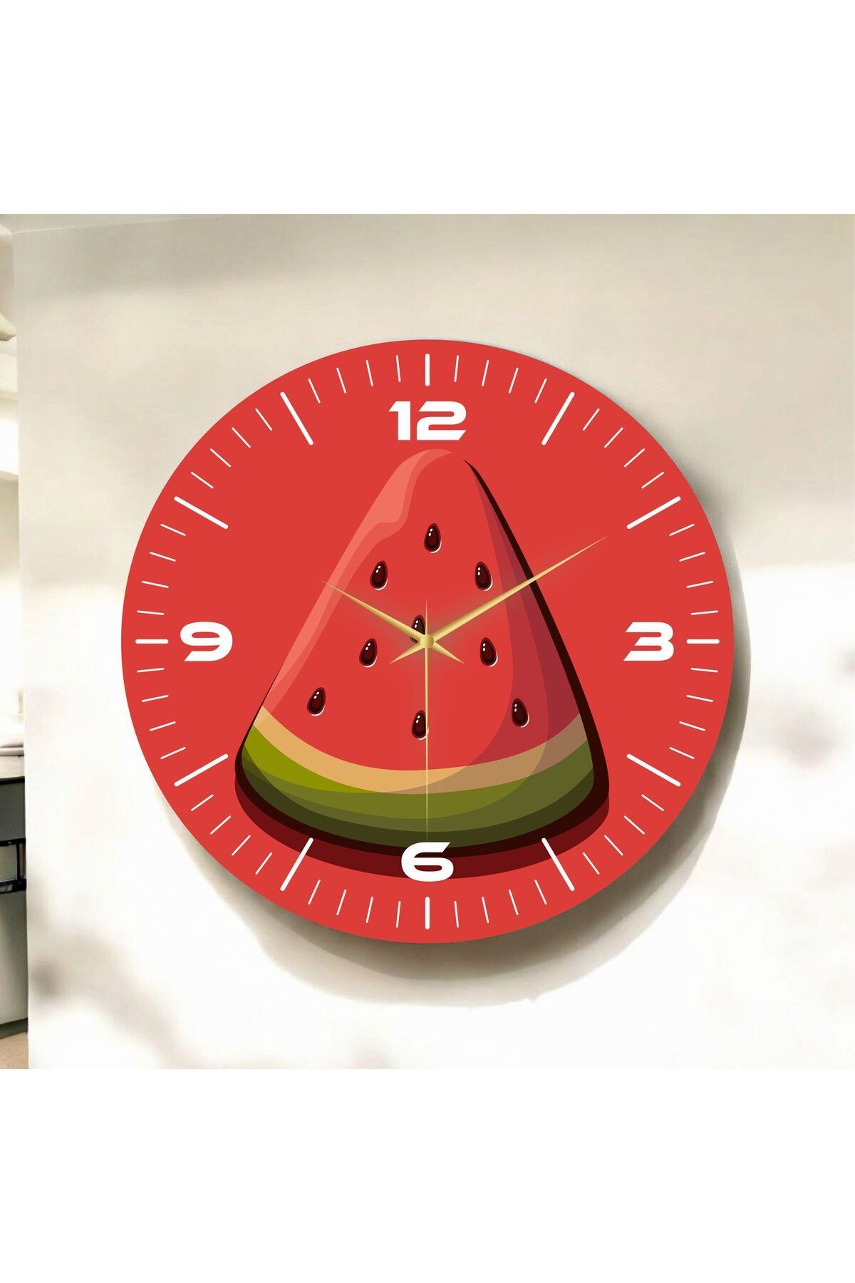 Kırmızı Renkli Baskı Karpuz Meyve Desenli Sayılı Hediyelik Ahşap Sessiz Duvar Saati 50cm