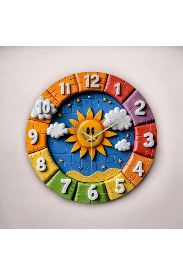 Renkli Baskı Güneş Çocuk Desenli Sayılı Hediyelik Ahşap Sessiz Duvar Saati 50cm