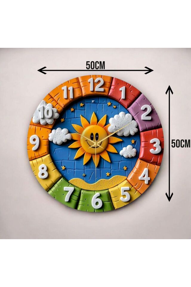 Renkli Baskı Güneş Çocuk Desenli Sayılı Hediyelik Ahşap Sessiz Duvar Saati 50cm