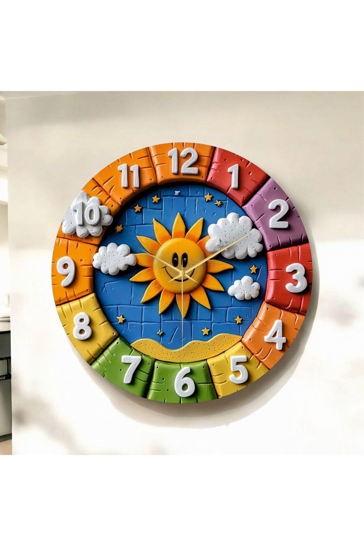 Renkli Baskı Güneş Çocuk Desenli Sayılı Hediyelik Ahşap Sessiz Duvar Saati 50cm