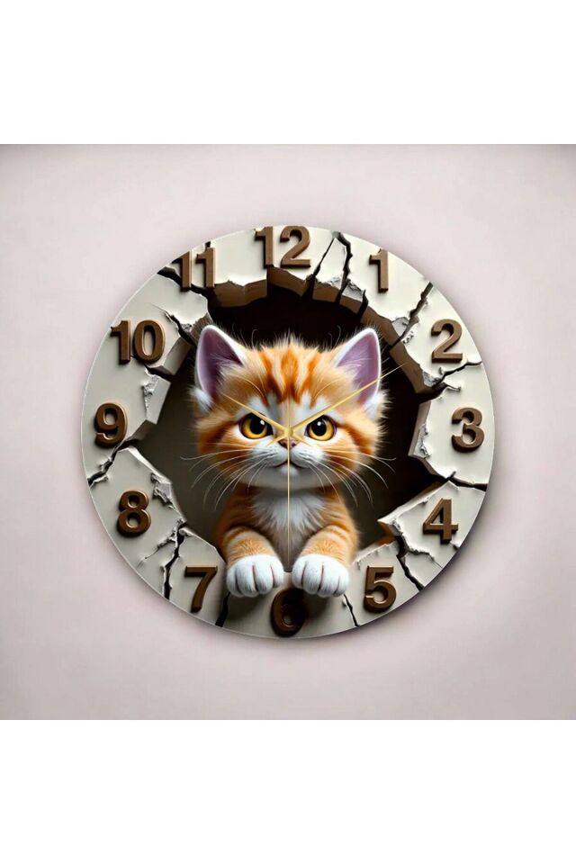 Renkli Baskı Kedi Çocuk Desenli Sayılı Hediyelik Ahşap Sessiz Duvar Saati 50cm