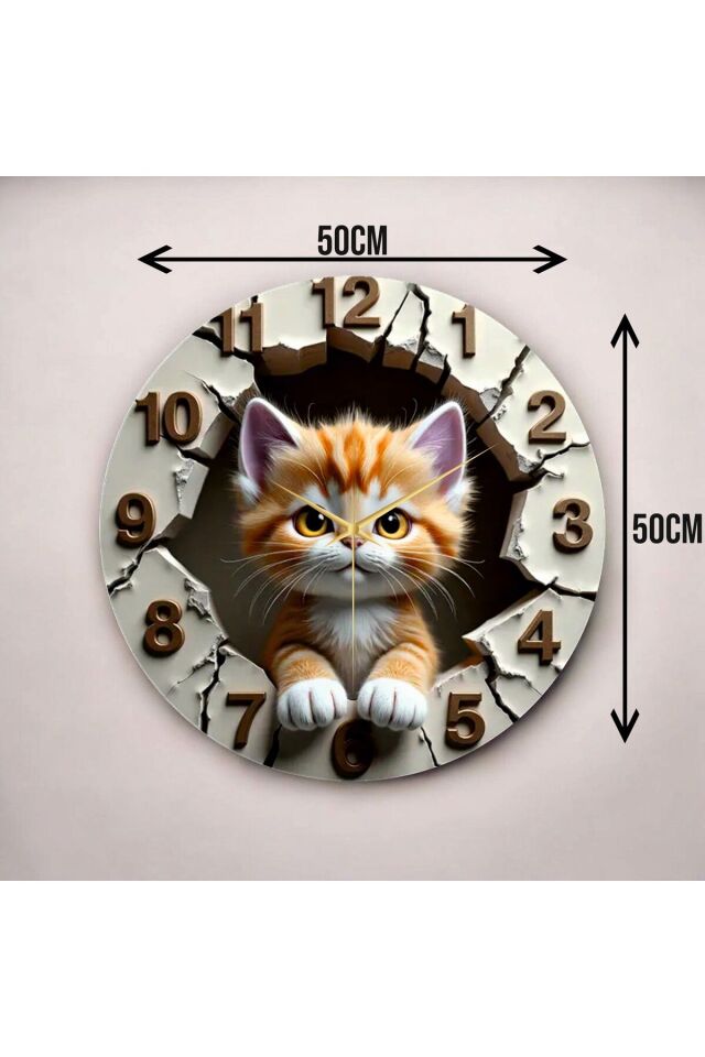 Renkli Baskı Kedi Çocuk Desenli Sayılı Hediyelik Ahşap Sessiz Duvar Saati 50cm