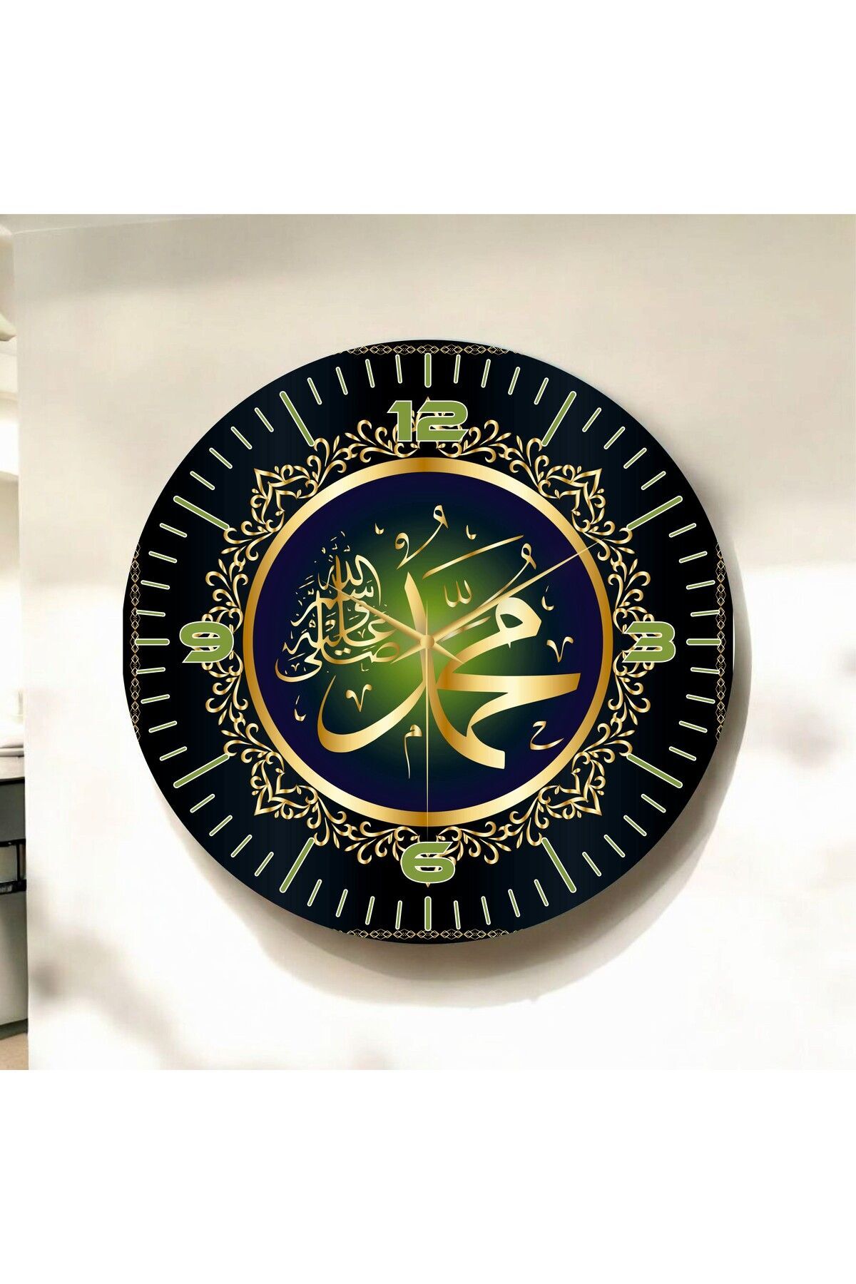 Renkli Baskı Dini Desenli Sayılı Hediyelik Ahşap Sessiz Duvar Saati 50cm