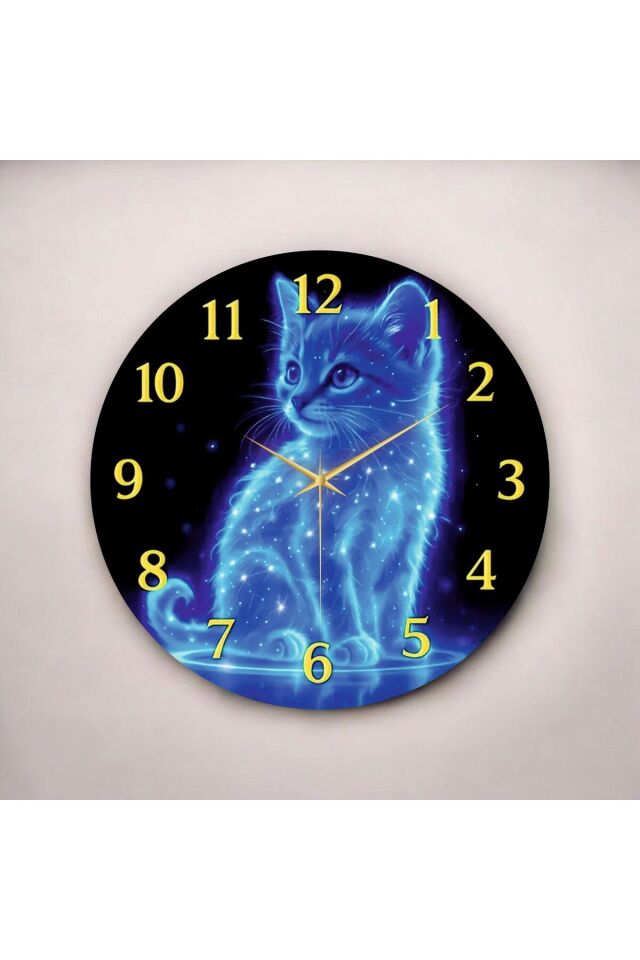 Renkli Baskı Kedi Dijital Desenli Sayılı Hediyelik Ahşap Sessiz Duvar Saati 50cm