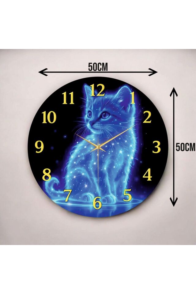 Renkli Baskı Kedi Dijital Desenli Sayılı Hediyelik Ahşap Sessiz Duvar Saati 50cm