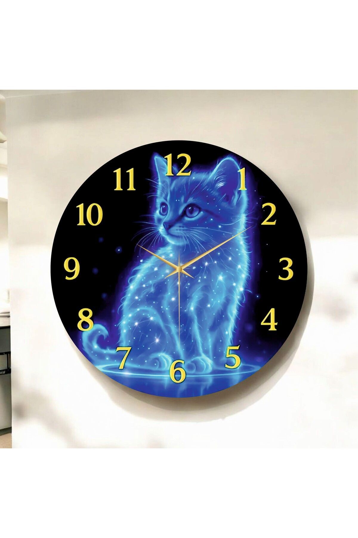 Renkli Baskı Kedi Dijital Desenli Sayılı Hediyelik Ahşap Sessiz Duvar Saati 50cm