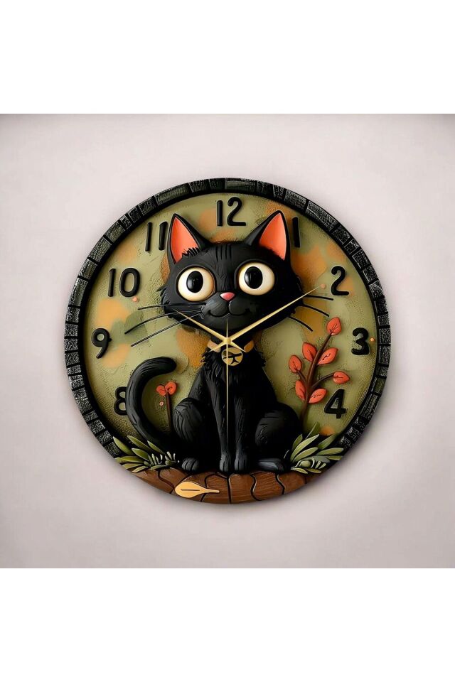 Renkli Baskı Kedi Çocuk Desenli Sayılı Hediyelik Ahşap Sessiz Duvar Saati 50cm