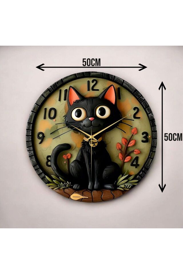 Renkli Baskı Kedi Çocuk Desenli Sayılı Hediyelik Ahşap Sessiz Duvar Saati 50cm