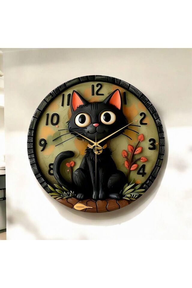 Renkli Baskı Kedi Çocuk Desenli Sayılı Hediyelik Ahşap Sessiz Duvar Saati 50cm