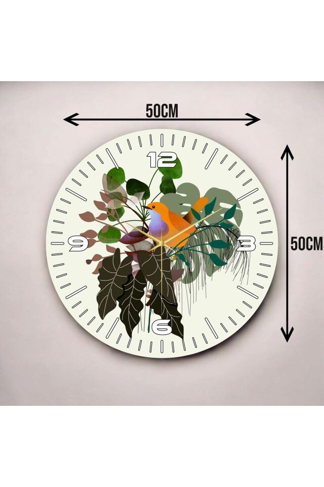Renkli Baskı Çiçek ve Kuş Desenli Sayılı Hediyelik Ahşap Sessiz Duvar Saati 50cm