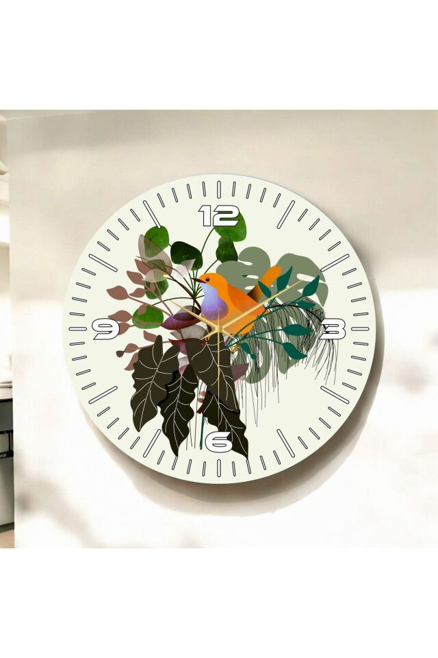 Renkli Baskı Çiçek ve Kuş Desenli Sayılı Hediyelik Ahşap Sessiz Duvar Saati 50cm