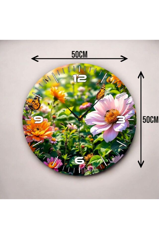Renkli Baskı Şakayık Çiçek Desenli Sayılı Hediyelik Ahşap Sessiz Duvar Saati 50cm